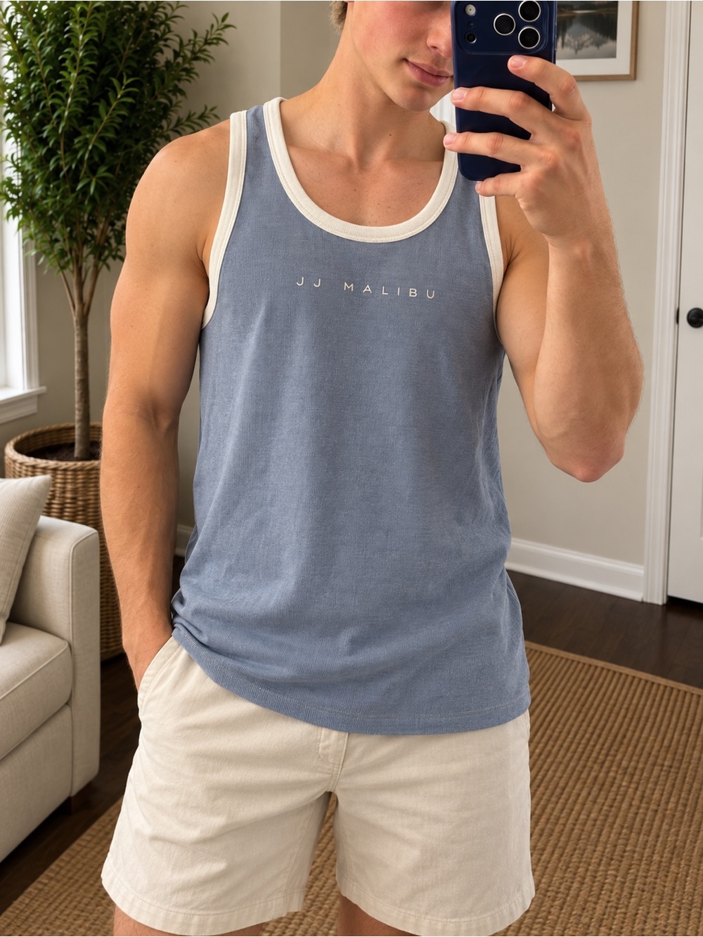 JJ Malibu Men’s Tank Top M Blue White Trim Ribbed Logo